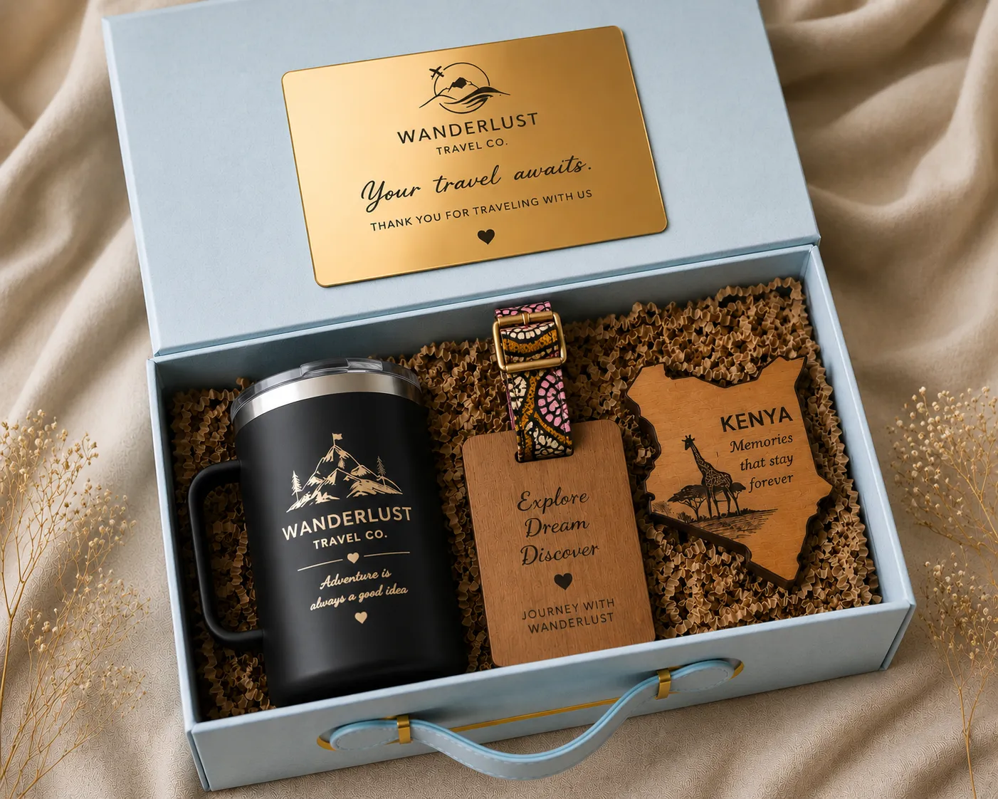 Wanderlust travel souvenir box with tumbler and keepsakes