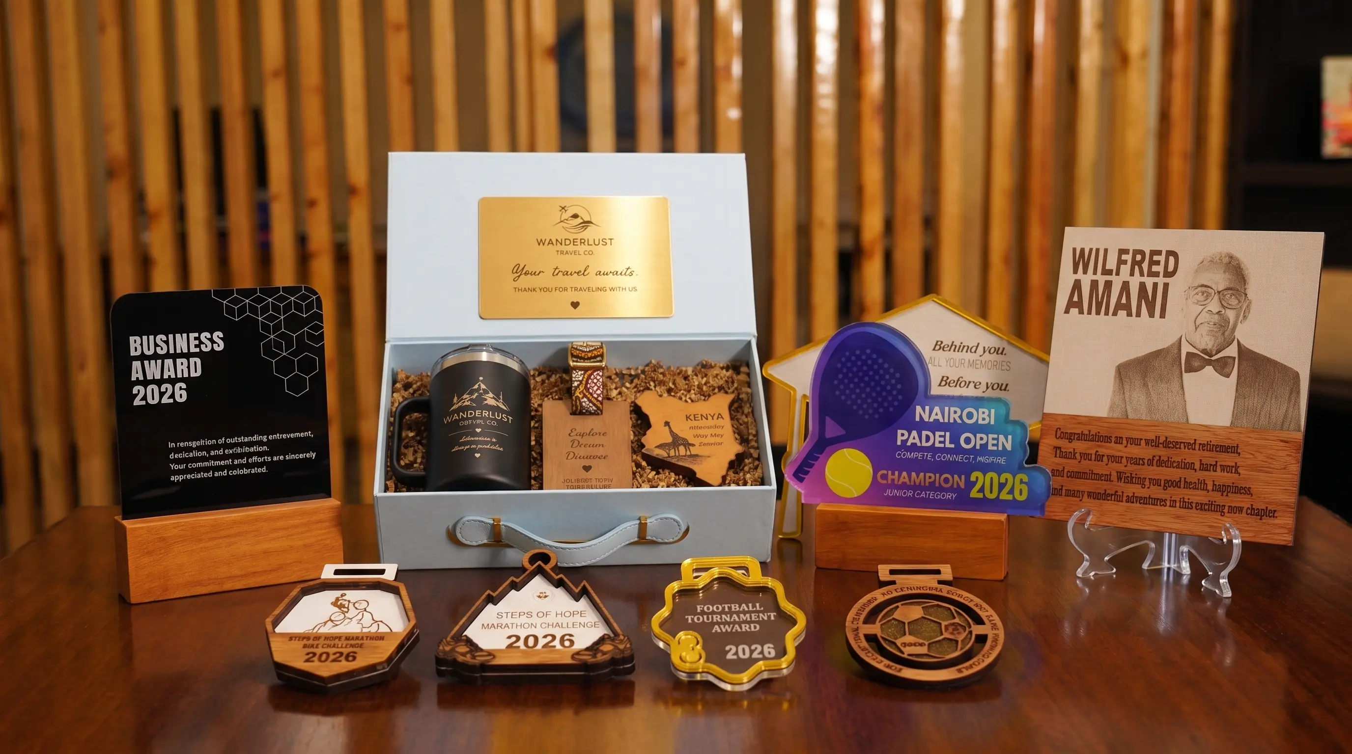 Custom KORA awards, medals, and souvenirs displayed in the workshop